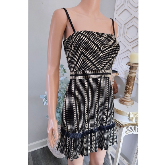 Alexis Grazie Black Beige Stripe Print Pleated Raffia Trim Mini Dress - Picture 1 of 16